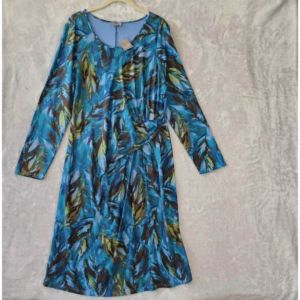 J. Jill Dress Size Large Wearever Collection Artsy Feather Print Side Drape NWT